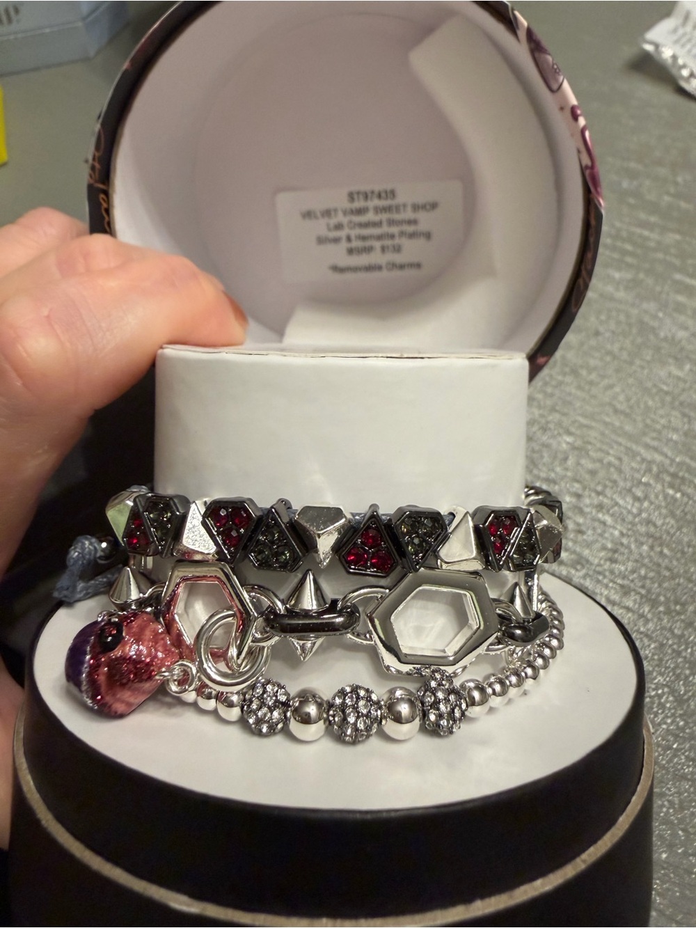 Silver-Tone Multi-Row Bracelet Set with Red and Pink Accents